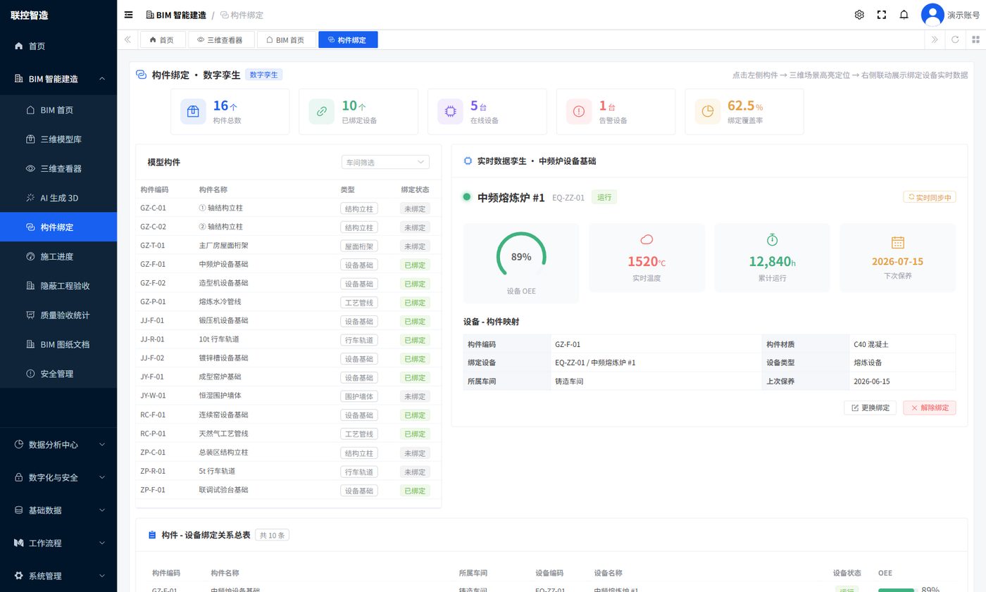BIM 构件—设备数字孪生：三维构件绑定设备台账与实时监测