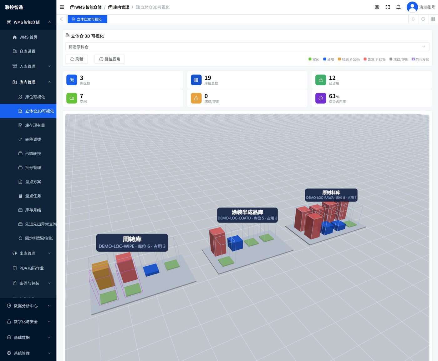 WMS 3D 立体仓可视化：货架装载率三维呈现